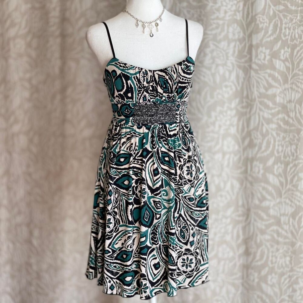 Vintage‎ Y2K Ruby Rox Tribal Print Beaded Waist Sundress Tropical Retro Sz S
